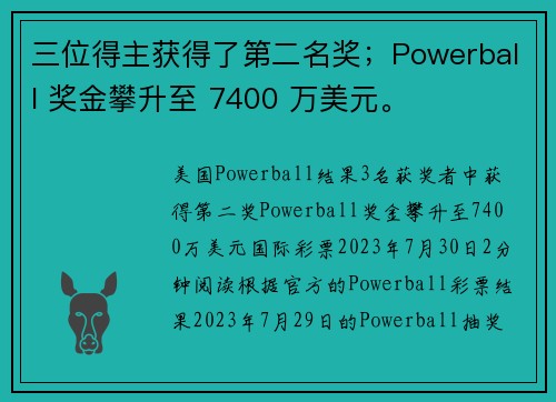 三位得主获得了第二名奖；Powerball 奖金攀升至 7400 万美元。